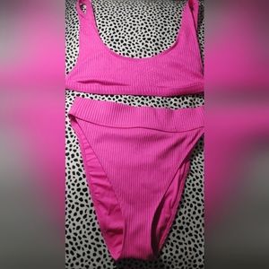 NWOT neon pink ribbed high waist bikini set